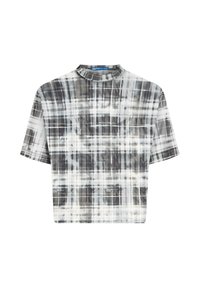 Top corto a maniche corte in tessuto leggero con un motivo a scacchi nero, bianco e grigio, dotato di scollatura rotonda e dettagli con logo.