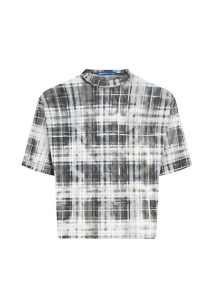 Trumpas rankovėmis, trumpas viršus iš lengvos medžiagos, su juodai, baltais ir pilkais languotais raštais, apvaliu iškirpimu ir logotipo akcentais.