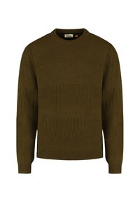 Olivgrüner, gestrickter Rundhalsausschnittpullover mit strukturierten Strickmustern sowie gerippten Bündchen und Saum.