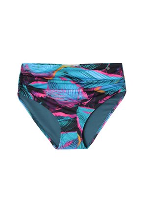 Hooggeplaatste bikini onderkant met een levendig tropisch bladdesign in teal, roze en zwart. Zachte stof met een gladde binnenvoering.
