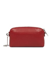 Custodia in pelle rossa texturizzata con zip argentata e tracolla a catena, rettangolare con bordi superiori arrotondati su sfondo bianco.