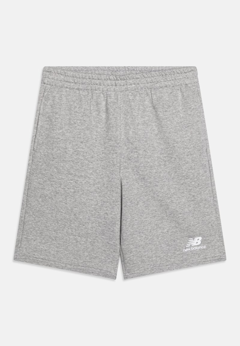 Shorts de sport gris clair avec taille élastique et logo New Balance sur la partie inférieure gauche de la jambe.