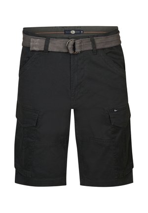 Black cargo shorts with a textured fabric, featuring multiple pockets and a woven belt with a metal buckle. Classic straight cut.