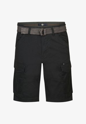 Schwarze Cargo-Shorts aus strukturiertem Stoff mit mehreren Taschen und einem gewebten Gürtel mit einer Metallschnalle. Klassischer gerader Schnitt.