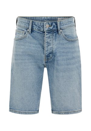 Hele sinised teksapüksid, millel on ees nööp ja tõmblukk, esimesed ja tagumised taskud ning vööaugud.