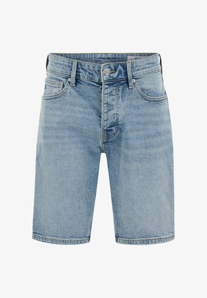 Jasnoniebieskie krótkie spodenki dżinsowe z przednim guzikiem i zamkiem błyskawicznym, przednimi i tylnymi kieszeniami oraz szlufkami na pasek.