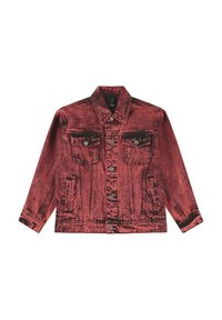 Giacca in denim rosso con finitura consumata, dotata di due tasche sul petto, dettagli neri e chiusura a bottoni, progettata con maniche lunghe.