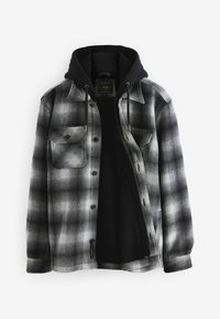 Geruite flanellen shirt in zwart en grijs met een zwarte hoodie voering, voorzien van knoopsluitingen, twee borstzakken en koordjes.