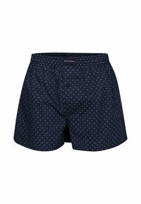 Boxers bleu marine avec des pois blancs, taille élastique, orifice à boutons et en tissu mélangé de coton doux. Convient pour un usage quotidien.