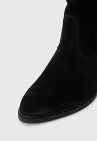 Botte en suede noire avec un bout pointu, texture lisse et détail de couture minimal le long du bord de la semelle.