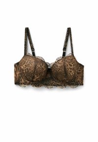 Leopardprint beha met gevulde cups, doorschijnende mesh overlay, golvende randen en zwarte verstelbare bandjes. Textuur van bruin- en zwarttinten in het ontwerp.