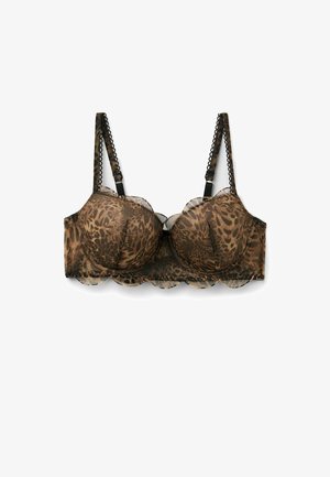 Leopardprint beha met gevulde cups, doorschijnende mesh overlay, golvende randen en zwarte verstelbare bandjes. Textuur van bruin- en zwarttinten in het ontwerp.