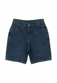 Pantalones cortos de mezclilla en azul oscuro, con una cinturilla con trabillas, diseño de cinco bolsillos y costuras en contraste. Textura suave, corte casual.