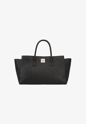 Sac fourre-tout en cuir noir avec deux poignées arrondies, forme structurée, détail de serrure en argent à l'avant, texture lisse et design minimaliste.