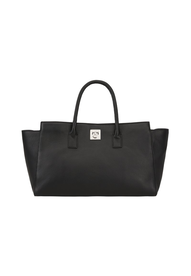 Zwarte leren tote bag met twee ronde handvatten, gestructureerde vorm, zilveren slotdetail aan de voorkant, gladde textuur en minimalistisch ontwerp.