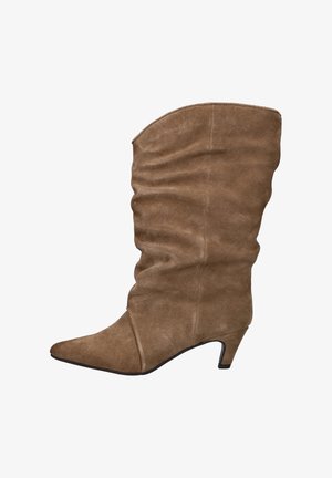 Brown suede ankle boot with a slouchy design, pointed toe, and a low heel. The texture is soft with subtle creases along the shaft.