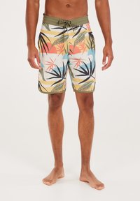 Shorts de bain pour hommes avec un imprimé tropical multicolore représentant des feuilles et des formes géométriques. Tissu léger, longueur mi-cuisse, avec une taille élastique à cordon de serrage.