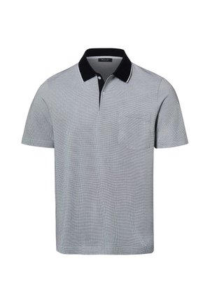 Hellgraues kurzärmeliges Poloshirt mit schwarzem Kragen und zweiknöpfiger Knopfleiste, mit Brusttasche und subtiler gerippter Struktur.