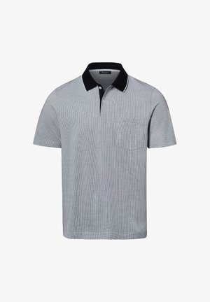 Hellgraues kurzärmeliges Poloshirt mit schwarzem Kragen und zweiknöpfiger Knopfleiste, mit Brusttasche und subtiler gerippter Struktur.