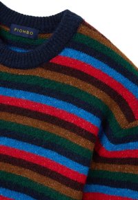 Striped sweater in wool blend with a crew neckline. Features blue, red, green, brown, and black horizontal stripes. Soft texture.