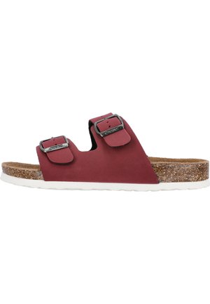 Bordeaux sandal med to justerbare spænder, en korksål og en hvid gummisål; glat tekstur med et minimalistisk design.