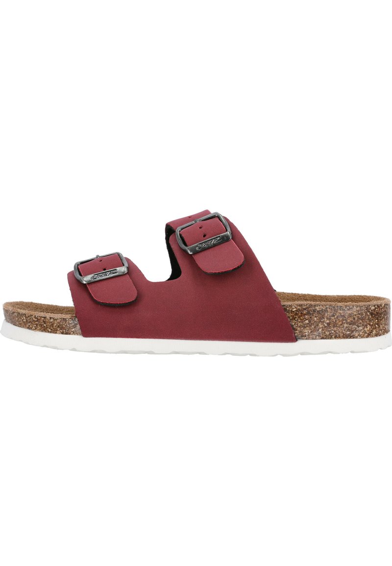 Bordeaux sandal med to justerbare spænder, en korksål og en hvid gummisål; glat tekstur med et minimalistisk design.