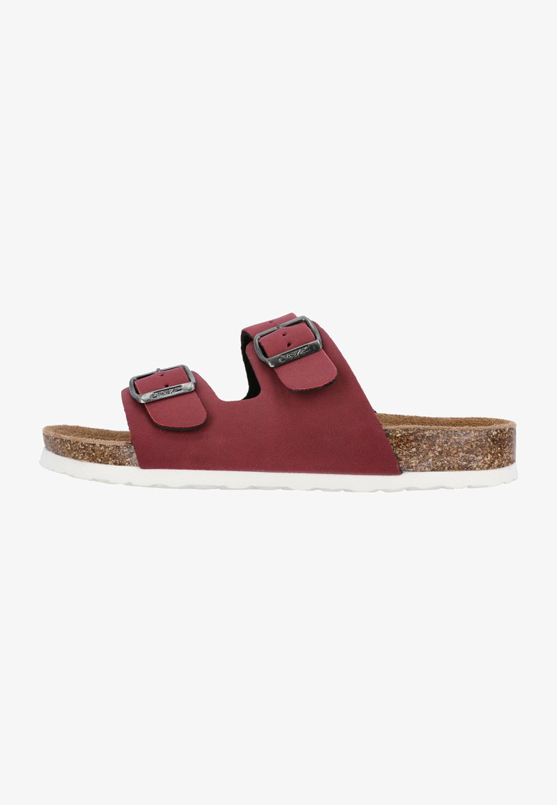 Sandale bordeaux avec deux boucles ajustables, une semelle intérieure en liège et une semelle en caoutchouc blanc ; texture lisse avec un design minimaliste.