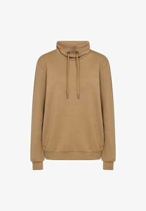 Beige sweatshirt med hög hals, dragsko, ribbade muddar och avslappnad passform. Tillverkad av ett mjukt och glatt material.