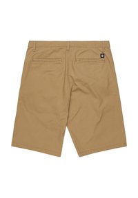 Shorts in cotone beige con vestibilità rilassata, due tasche posteriori e una piccola etichetta con logo sulla cintura.