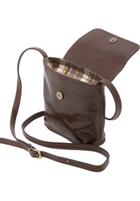 Borsa a spalla in pelle marrone con una texture liscia, chiusura a scatto e fodera in tessuto a scacchi. Caratterizzata da una lunga tracolla e un design compatto.