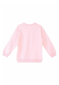 Ljusrosa sweatshirt med långa ärmar, ribbad fåll och krage, mjukt bomullsmaterial, enkel design utan tryck eller mönster.