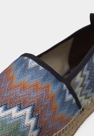 Chaussure à enfiler avec motif en tricot zigzag multicolore en bleu, orange, vert et noir, avec bordure noire et détail de semelle tissée.