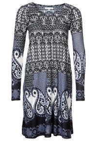 Abito a maniche lunghe con un motivo paisley e floreale in bianco e nero su sfondo blu, realizzato in morbido tessuto elasticizzato con una vestibilità comoda.