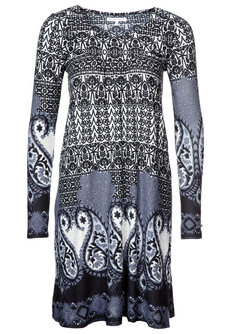 Abito a maniche lunghe con un motivo paisley e floreale in bianco e nero su sfondo blu, realizzato in morbido tessuto elasticizzato con una vestibilità comoda.