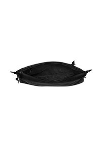 Svart zippered pouch gjort av texturerad nylon. Har en nätinre ficka och en platt design, lämplig för att organisera föremål.