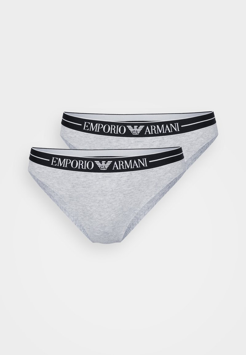 Culotte en coton gris avec une ceinture élastique noire arborant le logo "Emporio Armani". Texture lisse et design classique taille basse.
