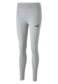 Grå leggings gjorda av mjuk, elastisk tyg. Har en åtsittande design med midjeresår och en liten svart Puma-logotyp på vänster underben.