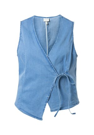 Lyseblå, ærmeløs denimvest med slå-om design, V-hals og bindelukning foran.
