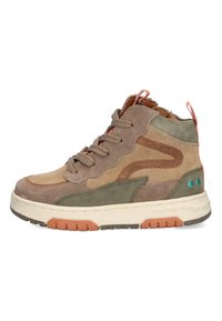 High-top sneaker met een gemengd materiaalontwerp in bruin, groen en oranje. Geweven suede en gladleren accenten met een rubberen zool.