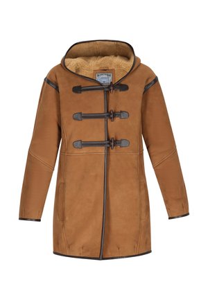 Brauner Ledermantel mit Kapuze, ausgestattet mit-toggle-Verschlüssen und einem warmen, strukturierten Futter. Einfaches, stilvolles Design mit langen Ärmeln und Taschen.