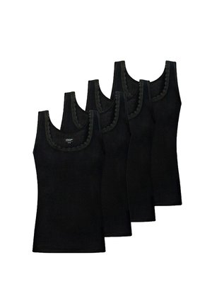 Vier schwarze ärmellose Tanktops mit wellenförmigem Abschluss rund um die quadratischen Ausschnitte, gestaffelt auf einem weißen Hintergrund angeordnet.