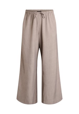 Beige Hosen mit weitem Bein, elastischem Bund und Kordelzug, aus leichtem strukturiertem Stoff gefertigt.