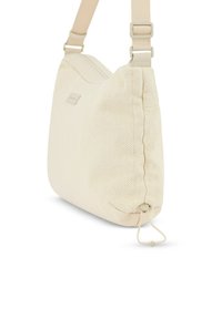 Beige Schultertasche im Fischgrätmuster aus strukturiertem Stoff, mit Reißverschluss und verstellbarem Riemen für Vielseitigkeit.