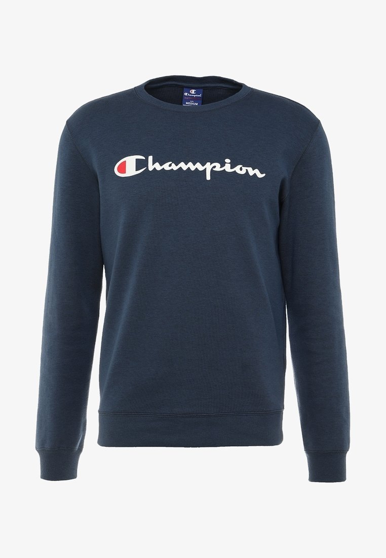 Sweat-shirt bleu marine à manches longues et col rond avec le texte du logo Champion en blanc et rouge centré sur la poitrine.