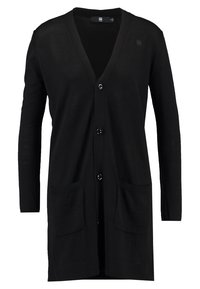 Svart kofta i ett lätt tyg, med V-ringning, knappstängning, långa ärmar och två framfickor.