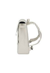 Světle šedý batoh s texturovaným povrchem, nastavitelnými popruhy a zakřiveným vrškem. Obsahuje boční kapsu a elegantní design.