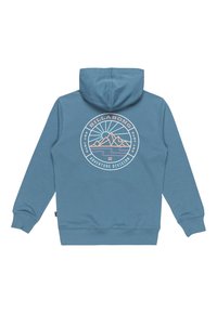 Huppari sinisestä puuvillasta, jossa on pyöreä logokuva. Sisältää vuoristografiikkaa ja tekstin "Billabong Adventure Division".