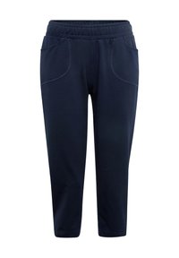 Marineblauwe joggingsbroek met een elastische tailleband, voorzien van zijzakken en contrasterende stiksels langs de randen. Glad, lichtgewicht stof.