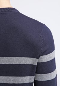 Maglione blu scuro con righe grigie orizzontali, colletto a costine e tessuto liscio. Presenta dettagli sulle cuciture delle spalle e una vestibilità aderente.