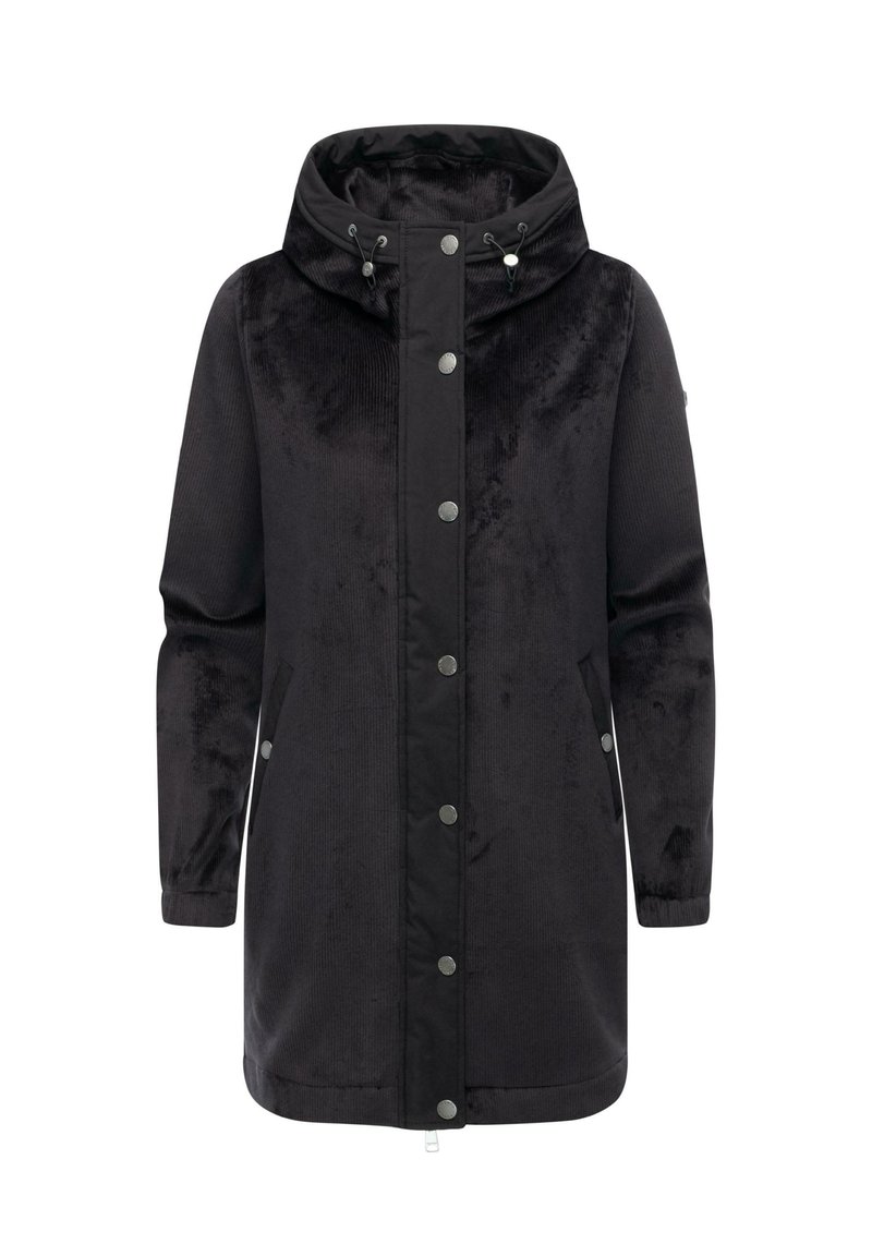 Cappotto lungo nero con finitura testurizzata, dotato di cappuccio removibile, bottoni a scatto, tasche laterali e cordini regolabili.